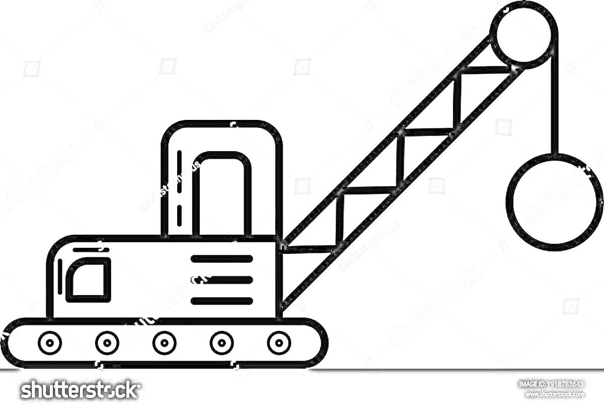 На раскраске изображено: Экскаватор, Подъемный кран, Гусеничный ход, Строительная техника, Транспорт