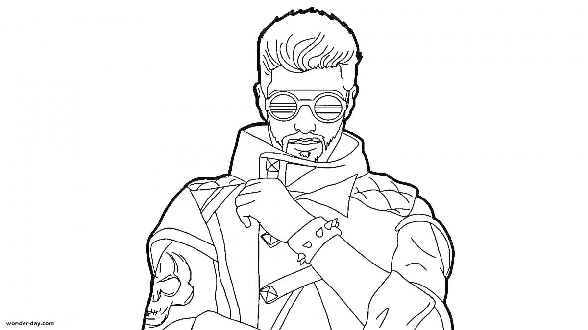 Раскраска Человек в солнцезащитных очках с короткой стрижкой и бородой, в капюшоне с пальто, украшенным различными элементами (ремни на груди, наплечники, браслет на запястье)