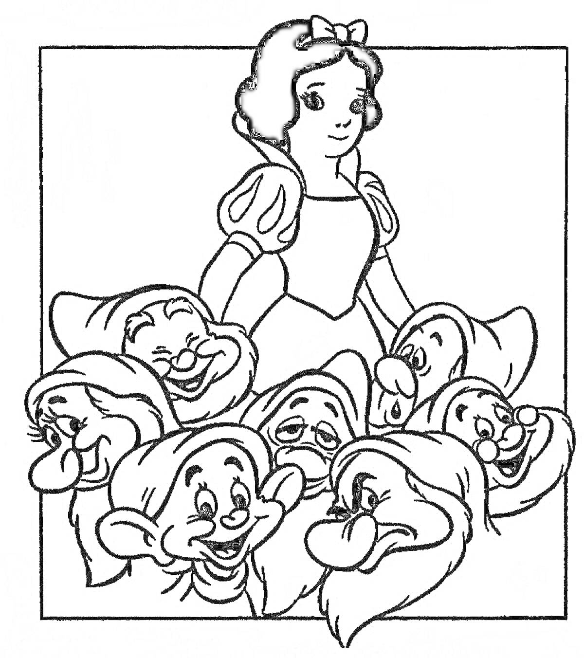 На раскраске изображено: Белоснежка, Семь гномов, Принцесса