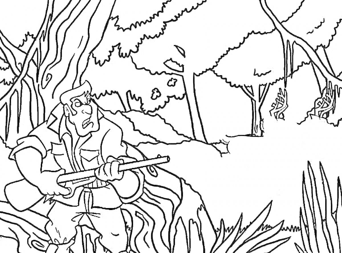 Раскраска Охотник в лесу с ружьем, деревья на заднем плане