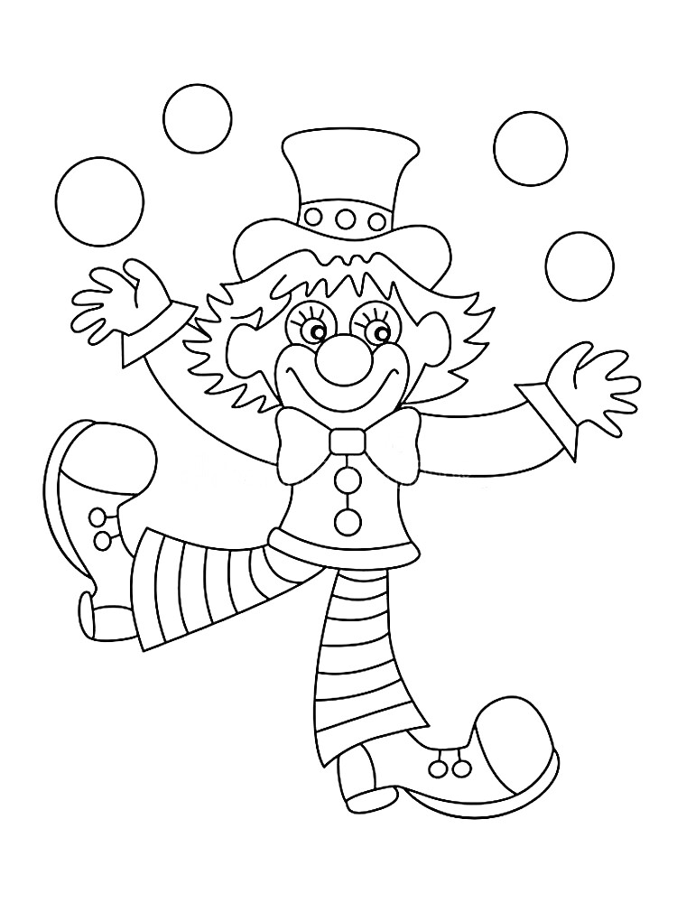 Раскраска Клоун с шариками и цилиндром, жонглирующий тремя мячами
