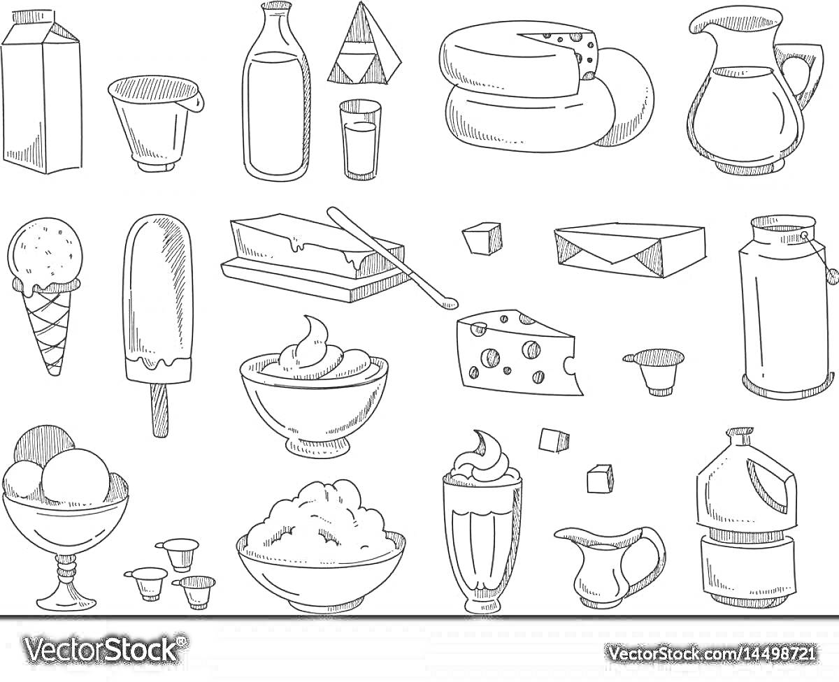 Раскраска Молочные продукты - мороженое, молоко в бутылке, треугольный брикет, сыр, кувшин, пломбир, эскимо, масло, йогурт, молочные коктейли, масло в пачке, молочник, молоко в пакете