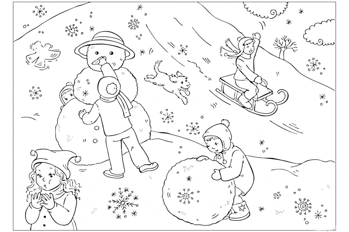 На раскраске изображено: Зима, Снеговики, Собака, Игра, Снег, Зимние развлечения, Для детей, Сани, Холмы