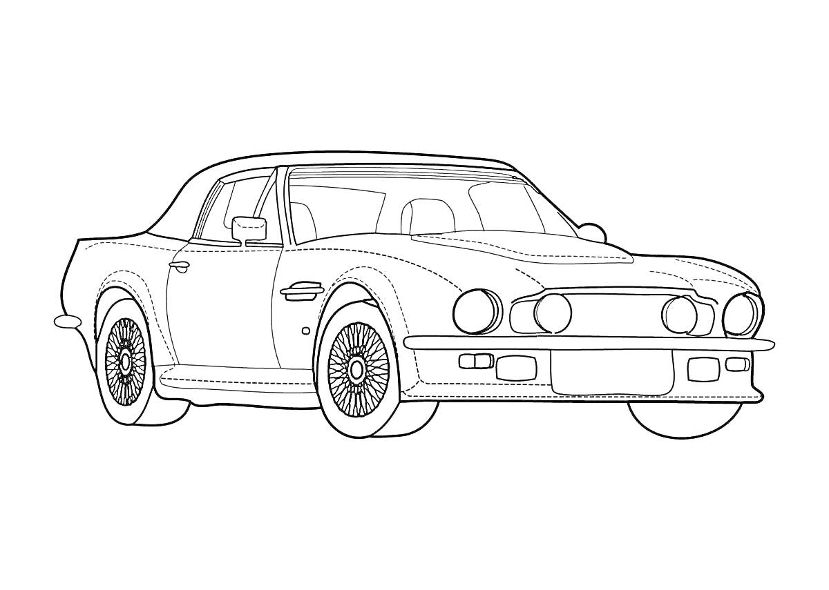 Раскраска Астон Мартин классического дизайна с фарами, капотом, боковыми зеркалами и колесами