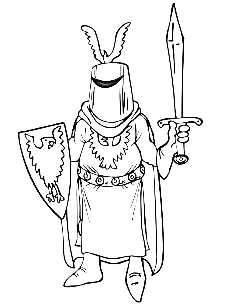 Раскраска Рыцарь с мечом, щитом с орлом и шлемом с перьями на голове
