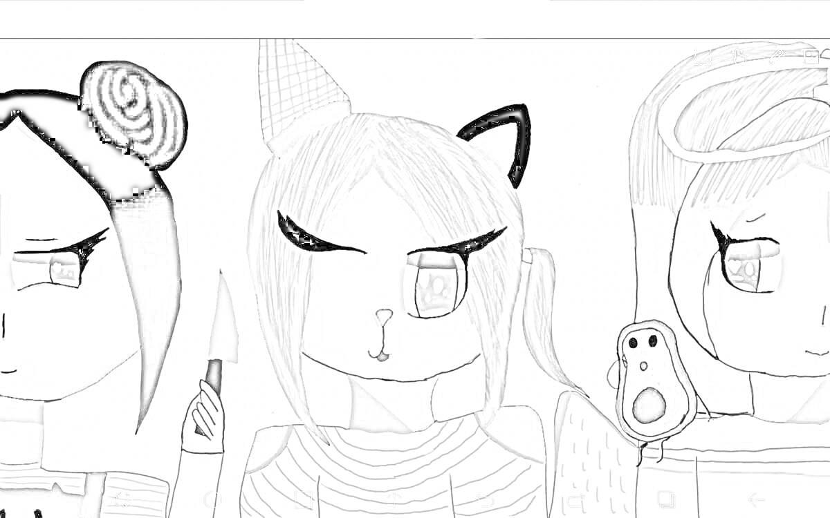 На раскраске изображено: Нож, Кошачьи уши, Девочка, Попугаи