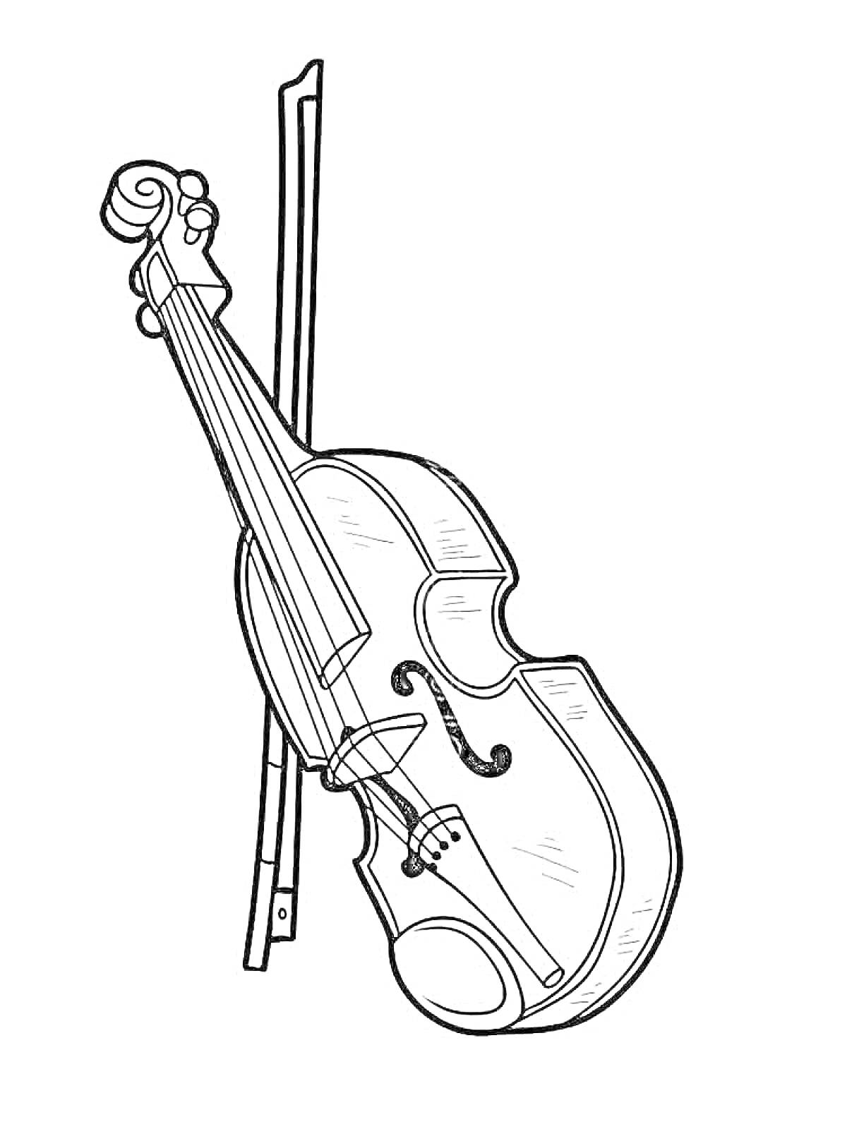На раскраске изображено: Скрипка, Смычок, Музыкальный инструмент, Музыка, Классическая музыка, Для детей