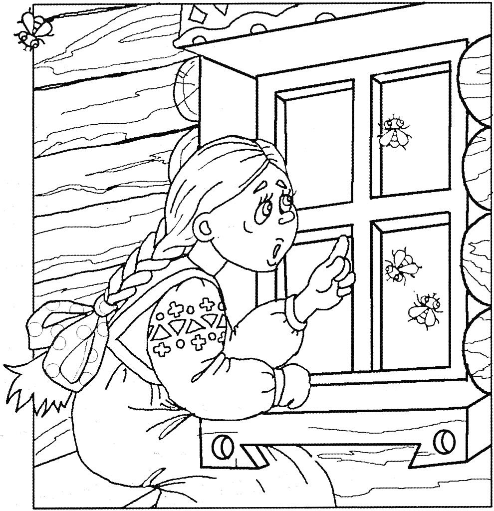Раскраска Девочка с косичкой в узорчатой рубашке у окна с насекомыми на доме