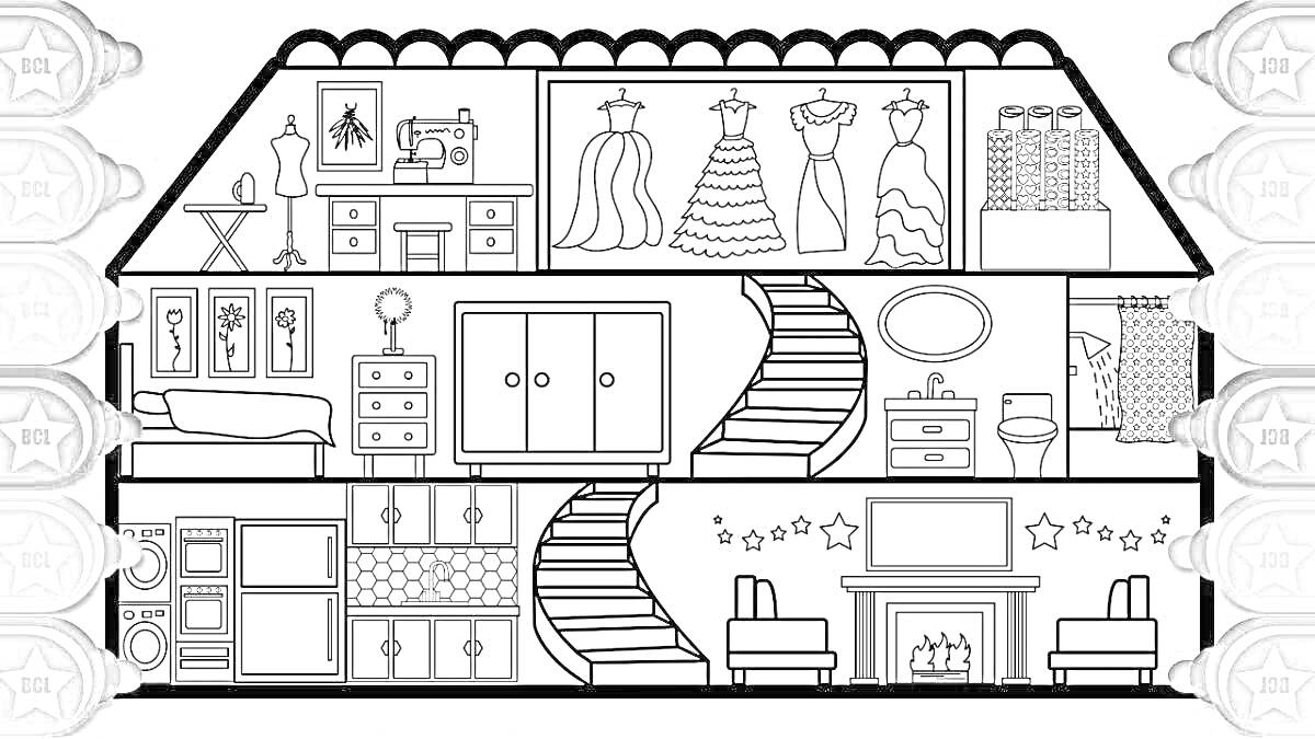 На раскраске изображено: Кукольный домик, Мебель, Лестница, Шкаф, Комод, Зеркало, Камин, Кресло, Швейная машинка, Полки