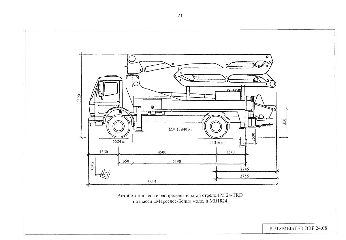 Автомобиль-бетононасос в развернутом виде с указанием всех размеров и элементов конструкции