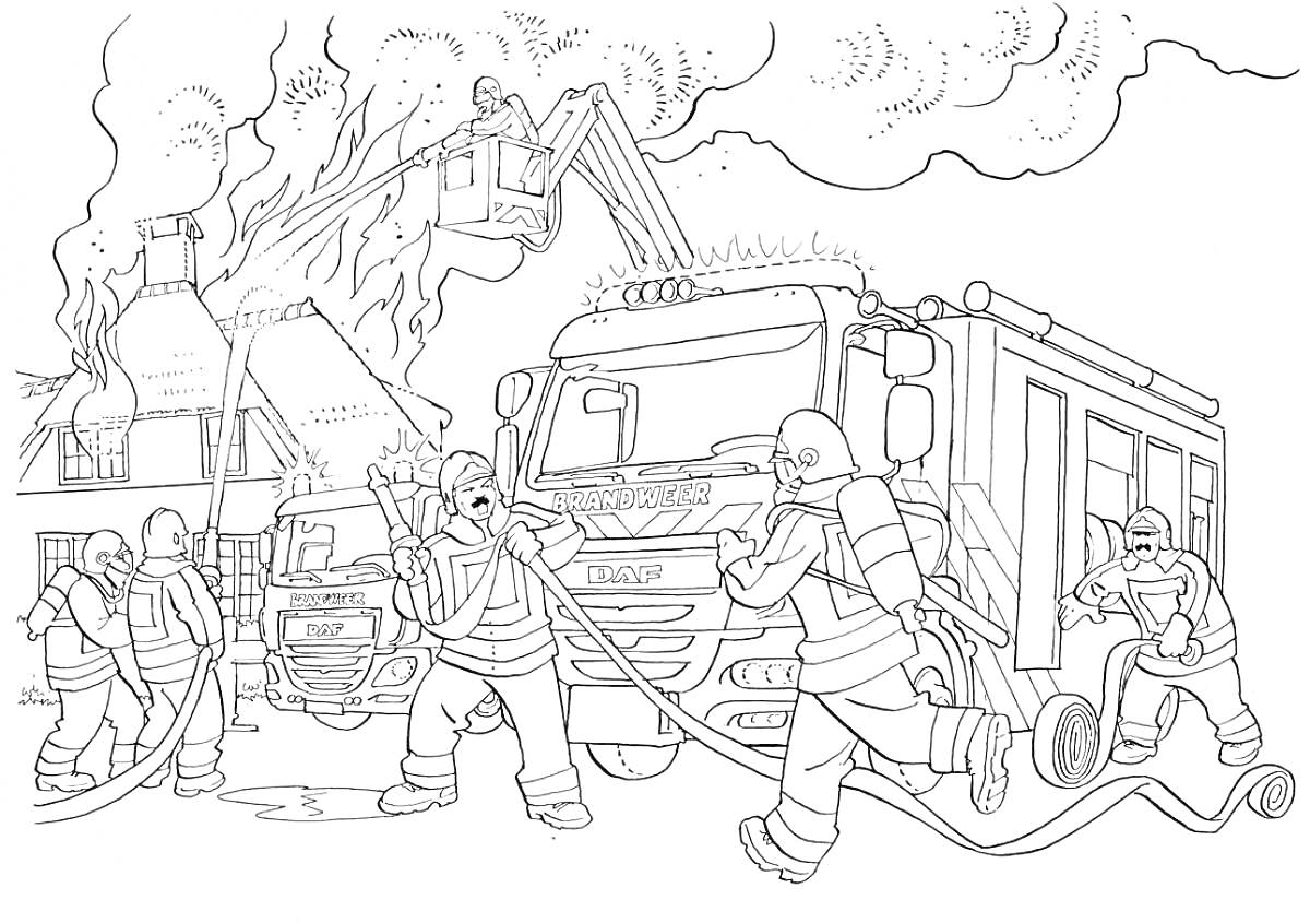 Раскраска Пожарные тушат огонь в горящем доме, используют пожарные машины и пожарные рукава