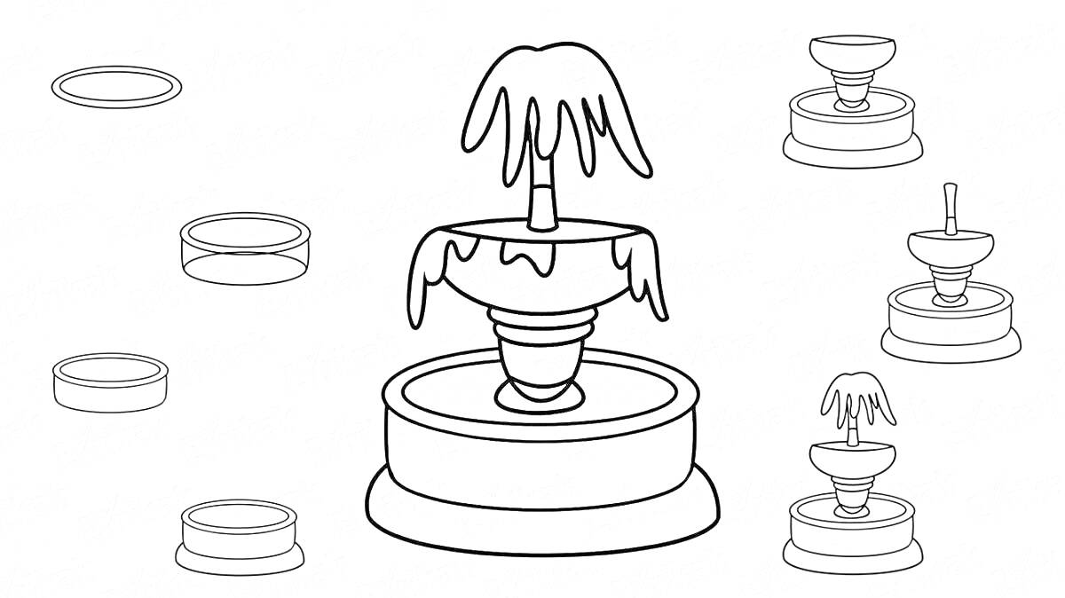 Раскраска Главный фонтан с несколькими контурными изображениями фонтана