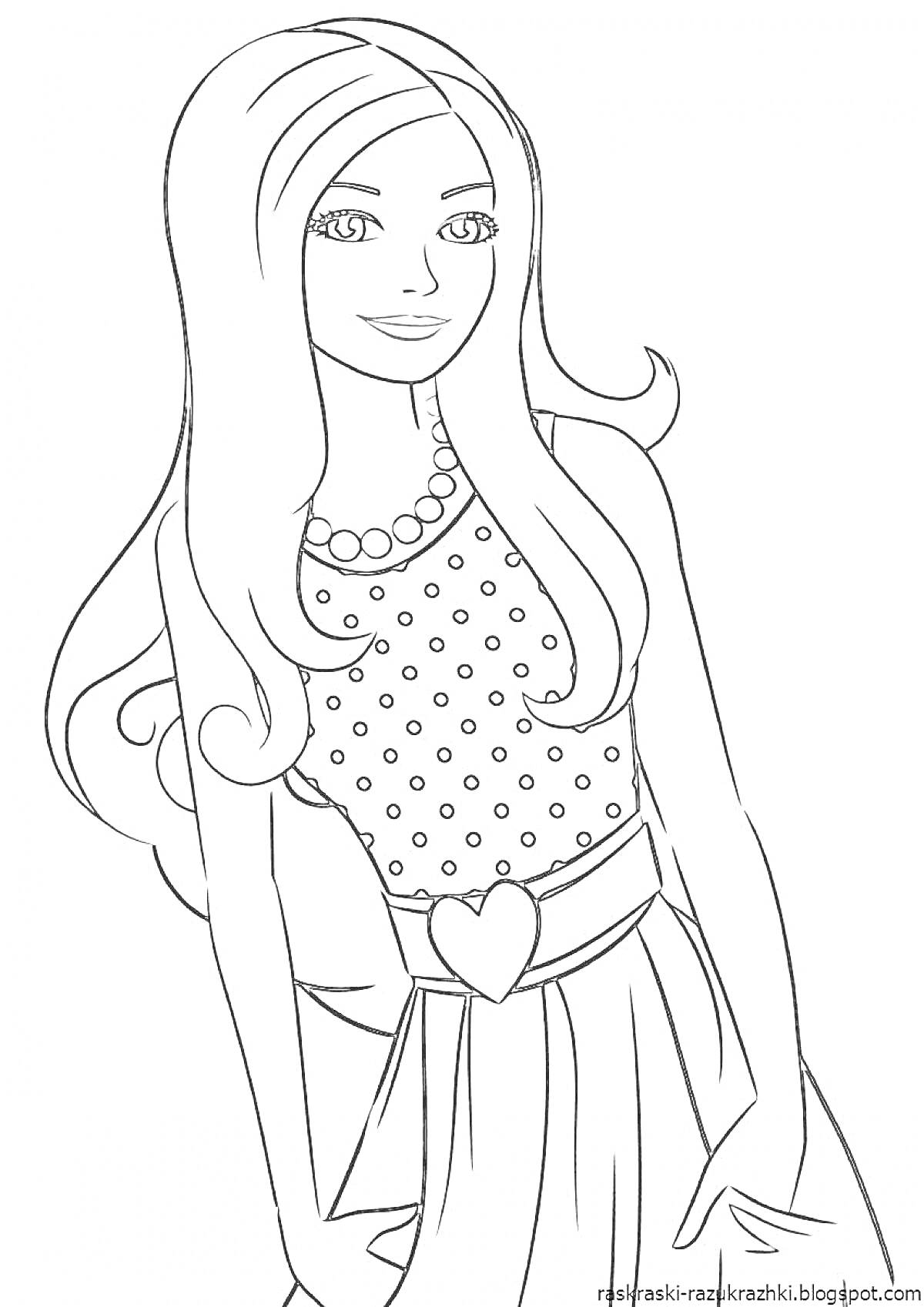 Раскраска Девушка с длинными волосами в наряде с сердечком на поясе и в горошковом топе