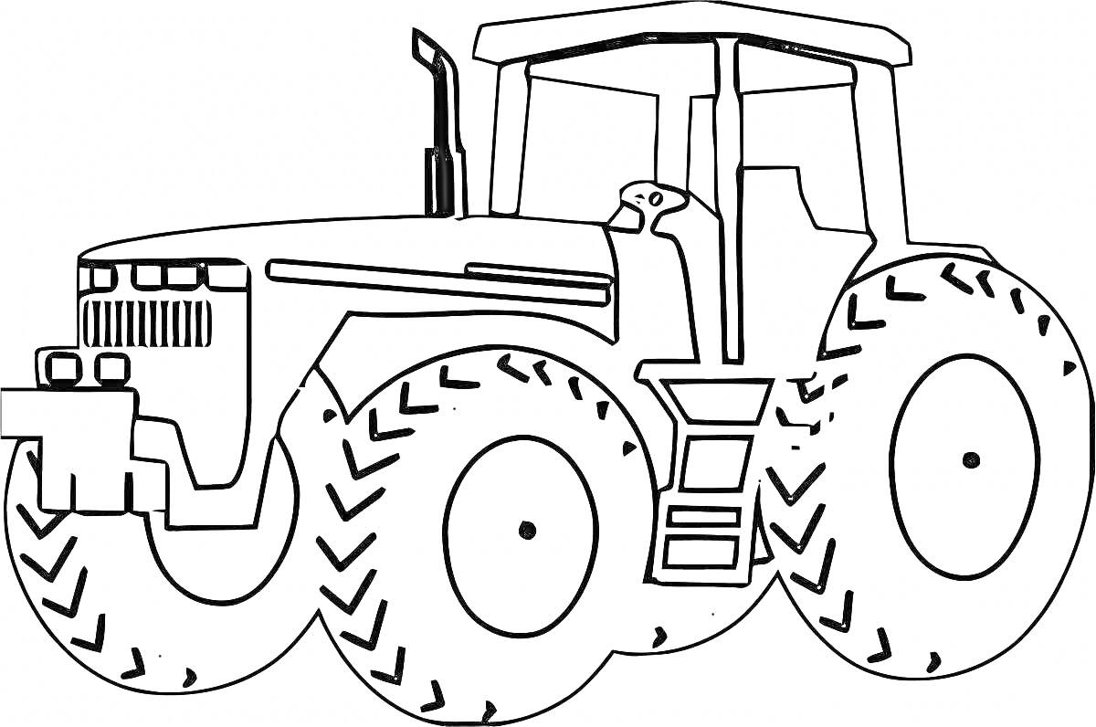 На раскраске изображено: Трактор, Большие колеса, Крыша, Ступени, Техника, Сельское хозяйство, Транспорт