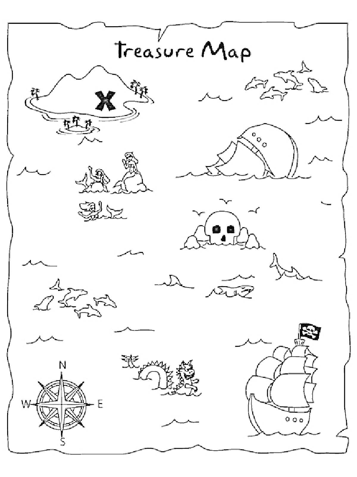 Раскраска Карта сокровищ с островом, крестом, золотыми монетами, дельфинами, затонувшим кораблем, русалкой, черепом, подводным монстром, пиратским кораблем и компасом