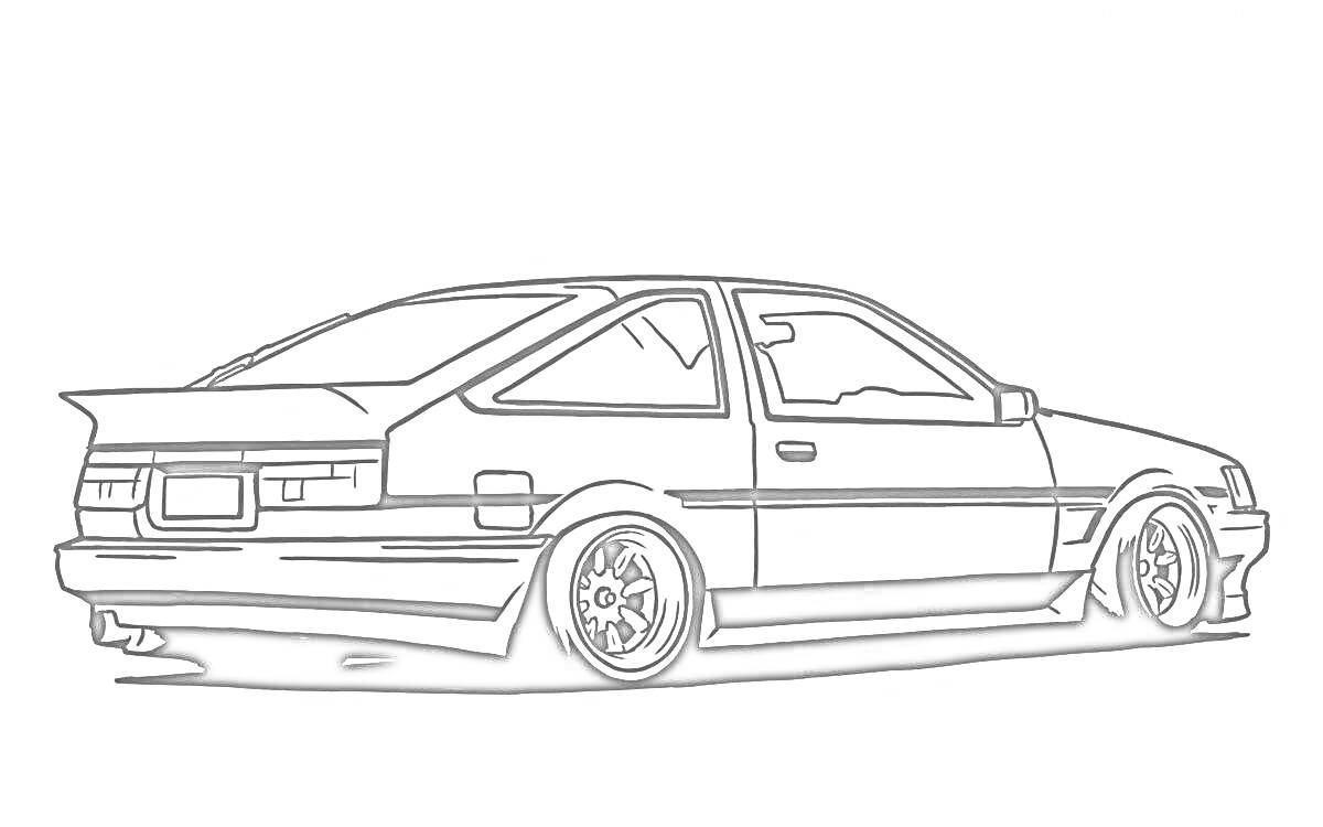 Раскраска Классический JDM автомобиль с аэродинамическим обвесом, грузовыми дисками и спойлером.