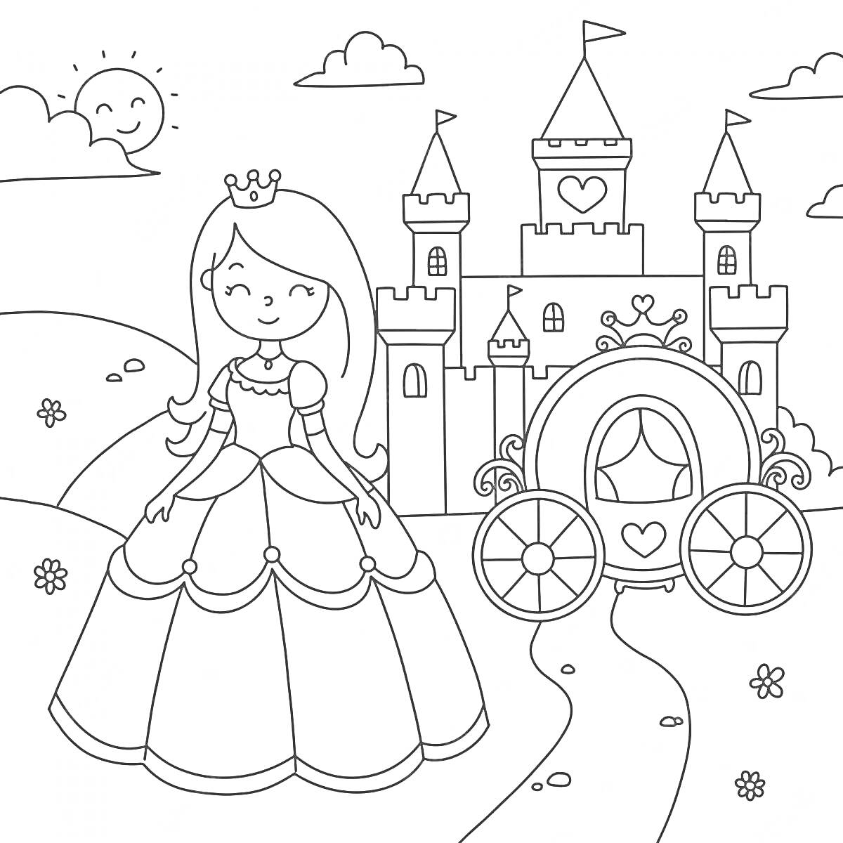 Раскраска Принцесса перед замком с каретой, солнце и облака, цветы
