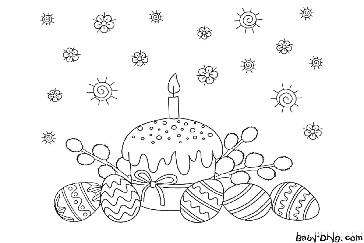 Раскраска Пасхальный кулич с глазурью, свечой, веточками вербы, пасхальными яйцами и цветами