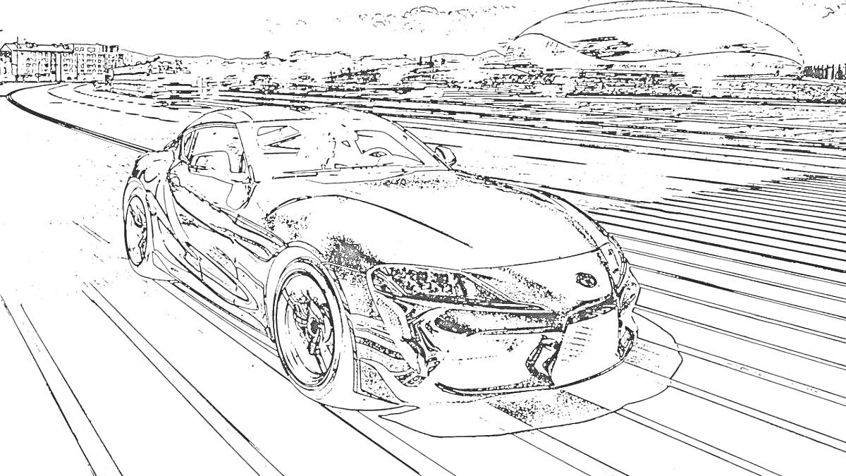Раскраска Спортивный автомобиль Supra на гоночной трассе с пейзажем на фоне