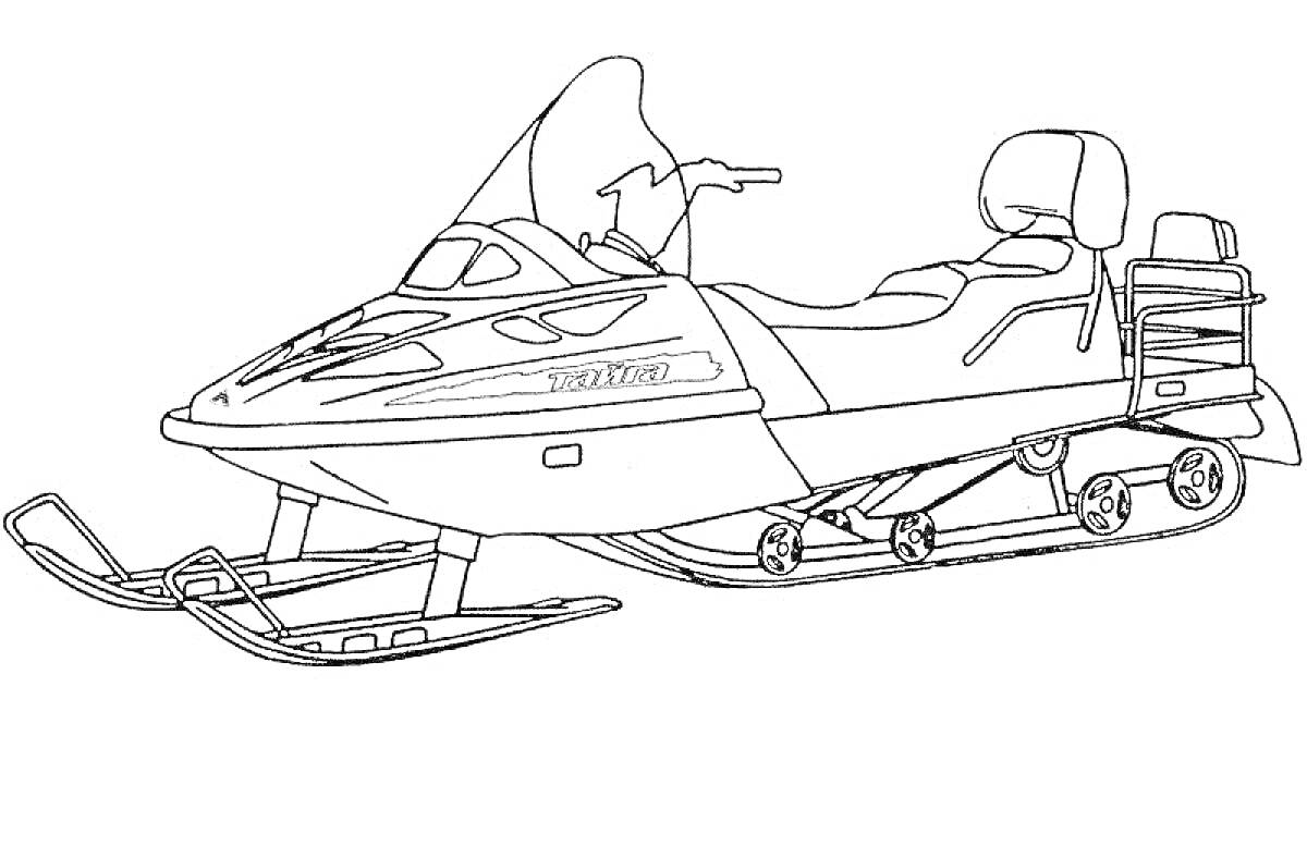 На раскраске изображено: Снегокат, Транспорт, Зима, Техника, Ветровое стекло, Багажник, Лыжи, Гусеницы