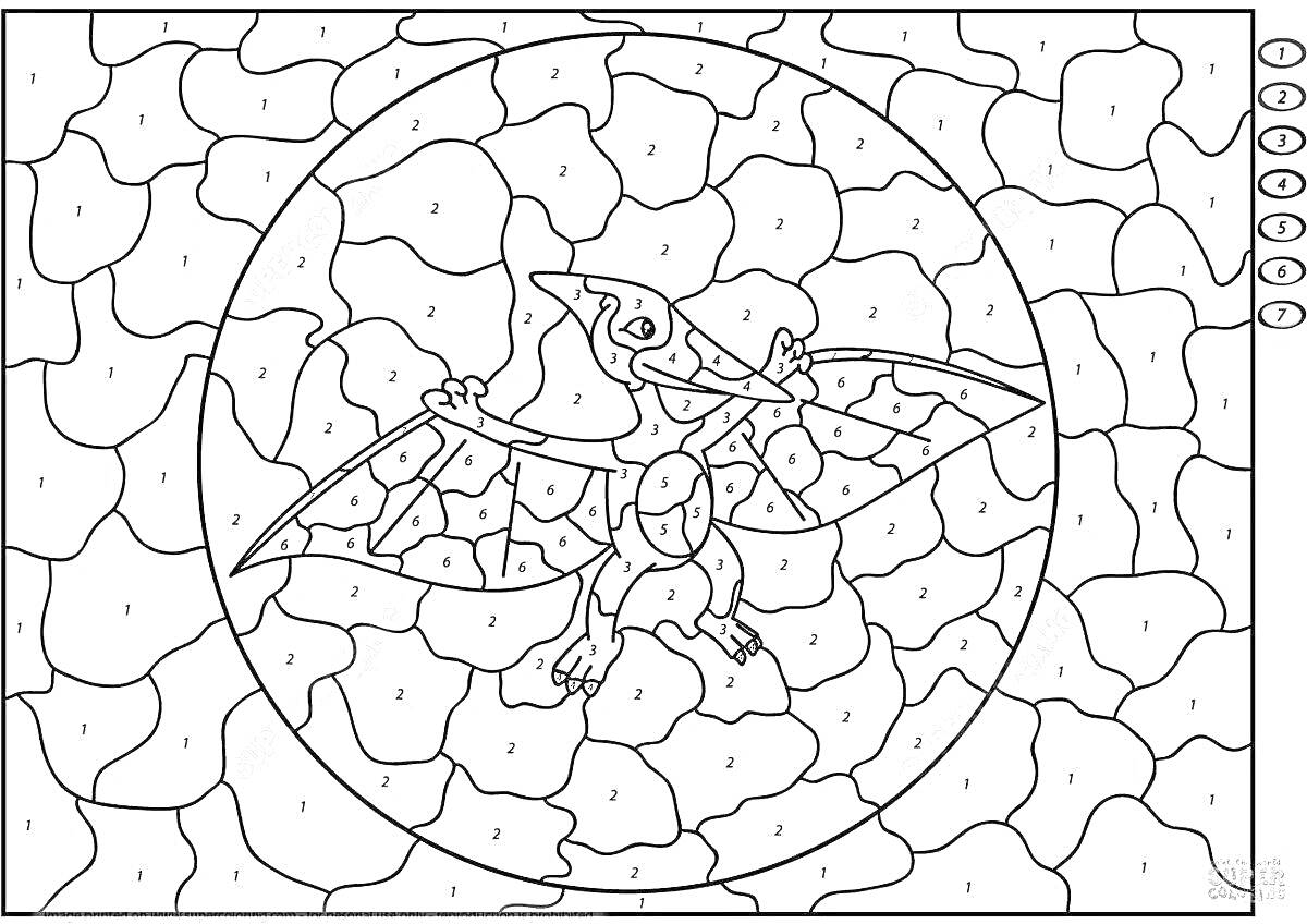 Раскраска Динозавр с раскрытыми крыльями на фоне из множества элементов, раскраска по номерам