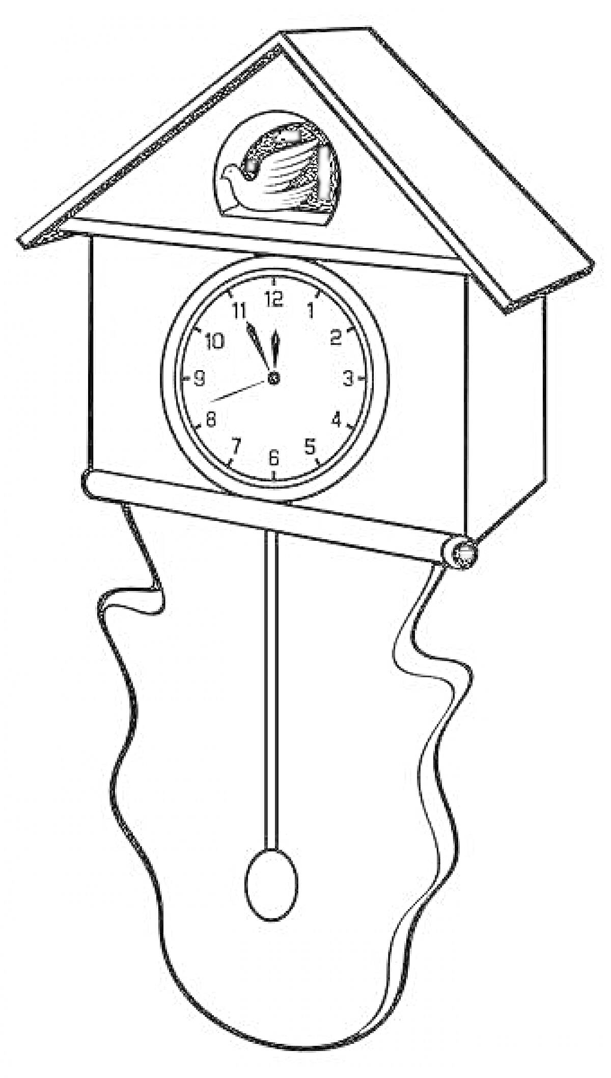 Раскраска Часы с кукушкой с маятником и птицей в верхней части