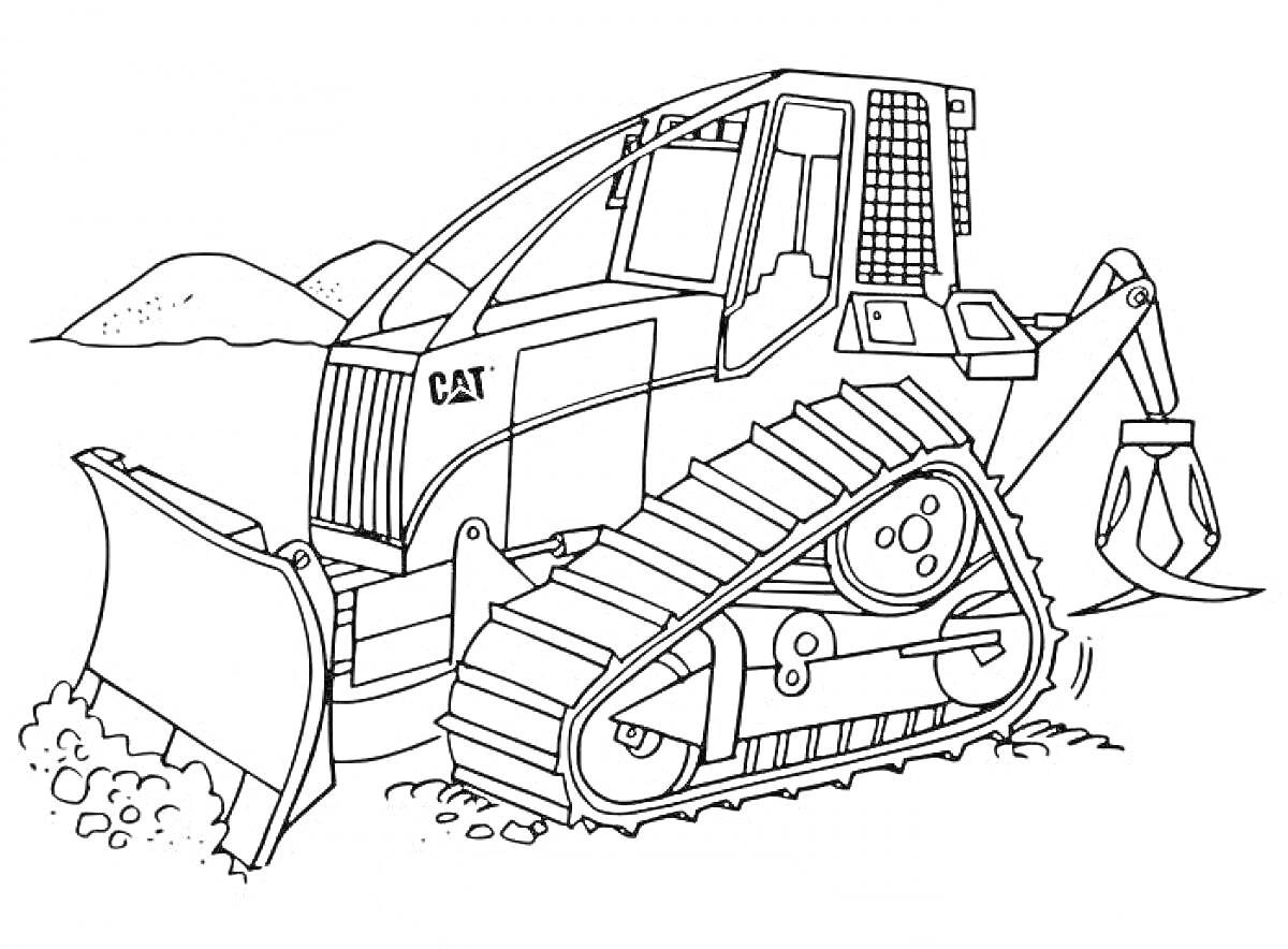 Раскраска Бульдозер на гусеницах с ковшом и горами на заднем плане