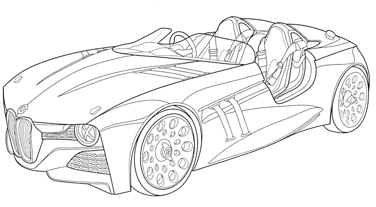 На раскраске изображено: Спорткар, Кабриолет, Открытые двери, Современный дизайн, Бмв