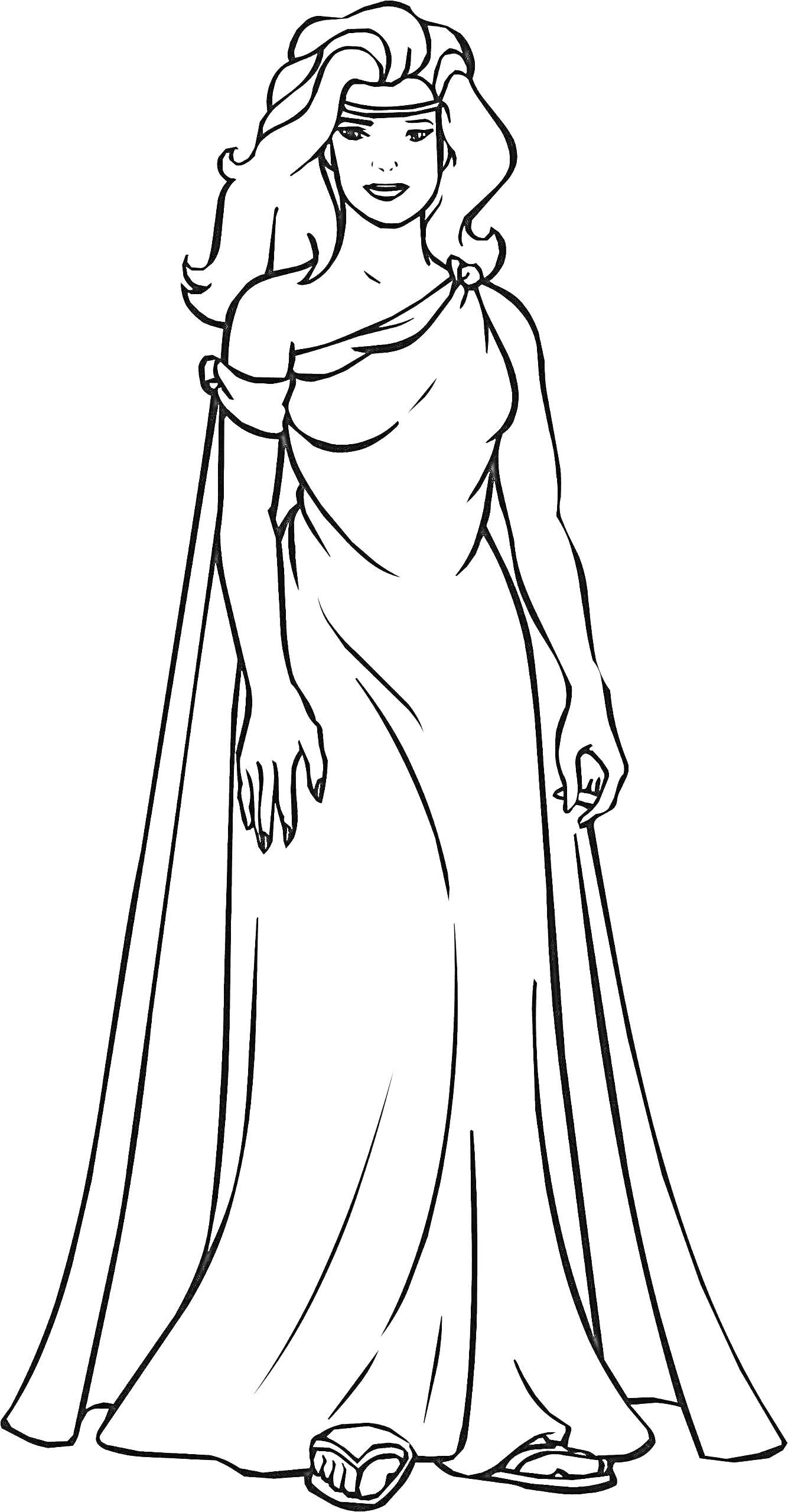 Раскраска Женщина в длинном платье с длинными волосами и босоножками