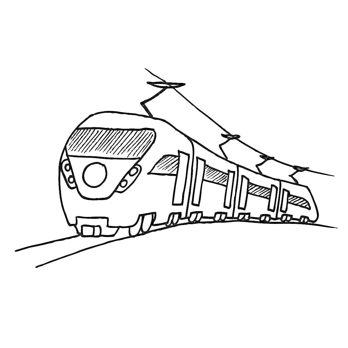 На раскраске изображено: Электропоезд, Ласточка, Железнодорожные пути, Поезд, Транспорт, Железная дорога