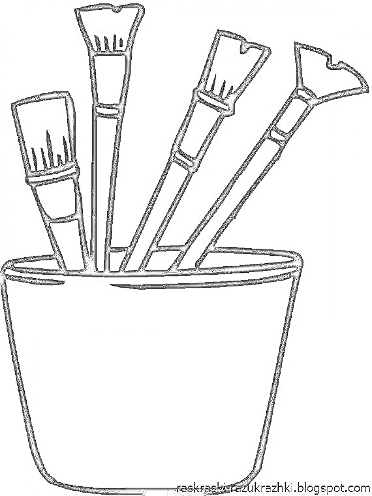 На раскраске изображено: Кисти, Стакан, Художество, Инструмент, Краски