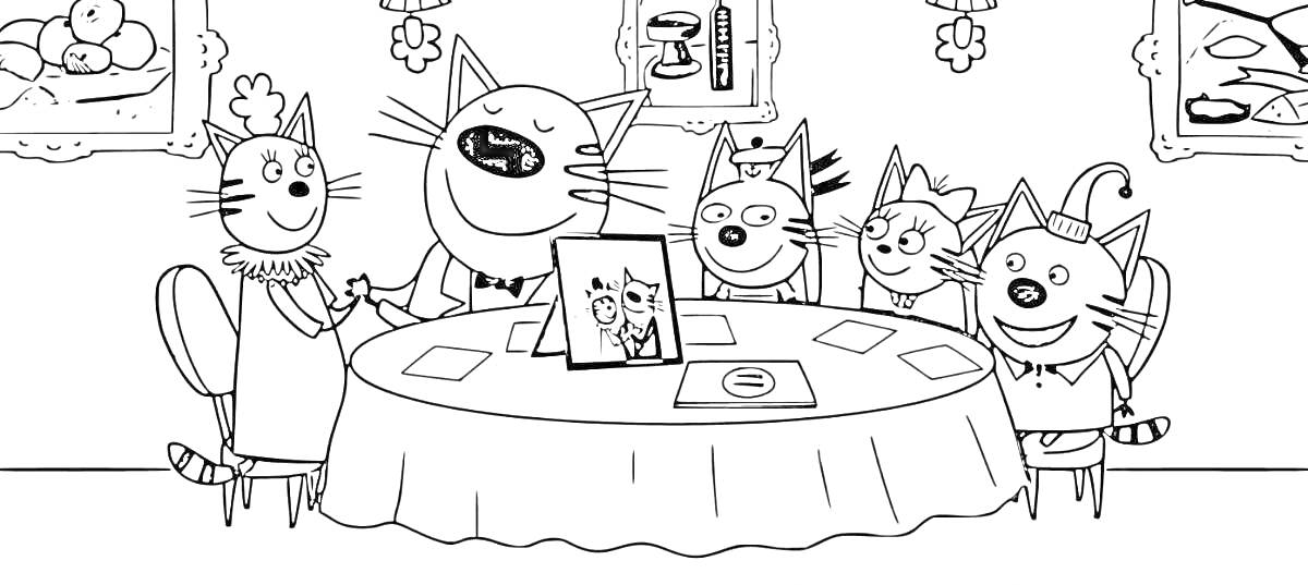На раскраске изображено: Семейный ужин, Стол, Кружки, Три кота