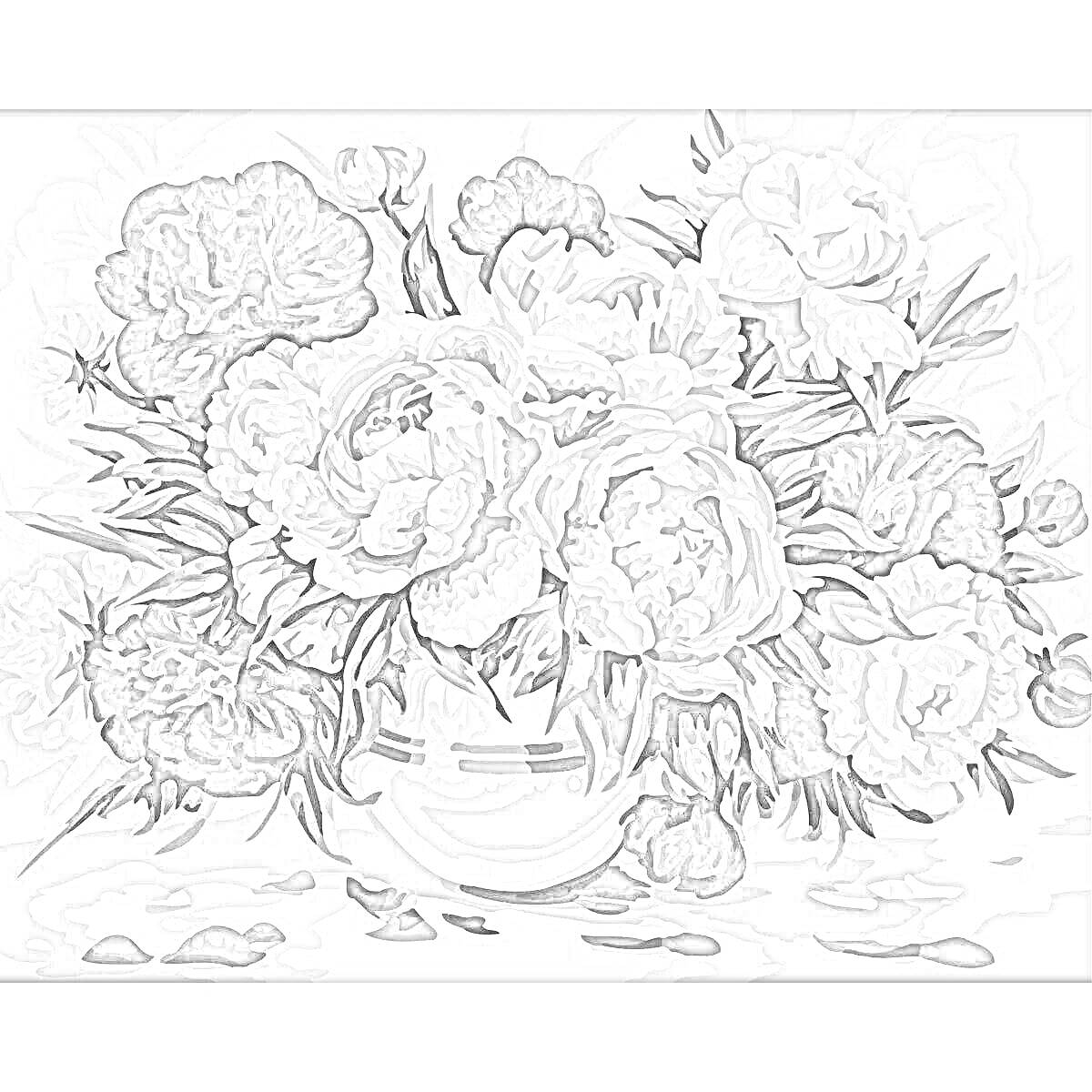 На раскраске изображено: Пионы, Ваза, Цветы, Лепестки, Стол, Натюрморт, Букет цветов