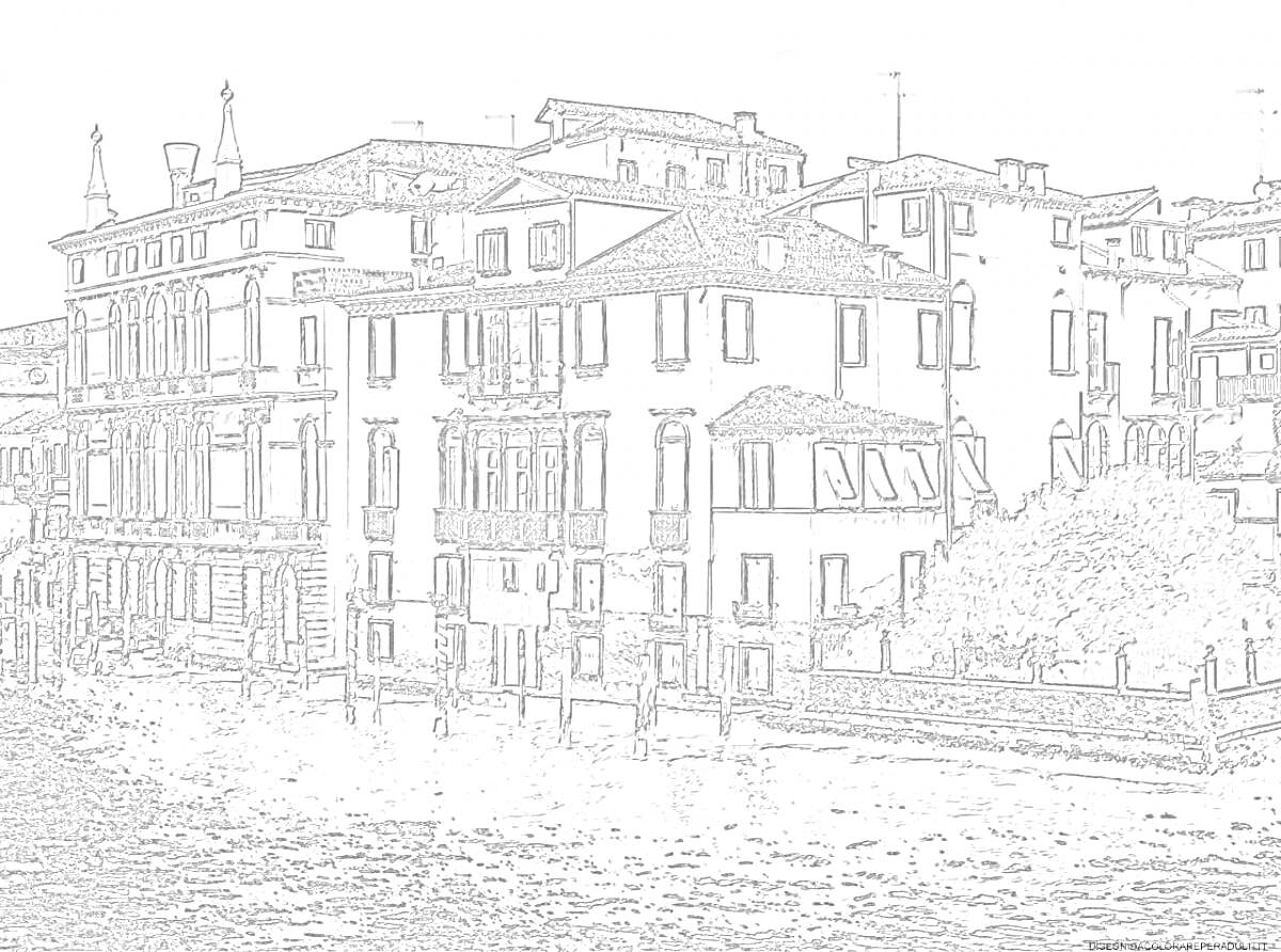 На раскраске изображено: Венеция, Канал, Здания, Мост, Вода, Архитектура, Городской пейзаж, Италия