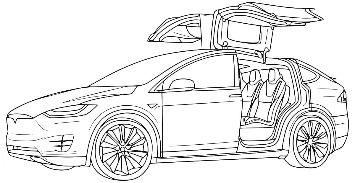 На раскраске изображено: Tesla, Model X, Электромобиль, Кузов, Колёса, Автолюбитель