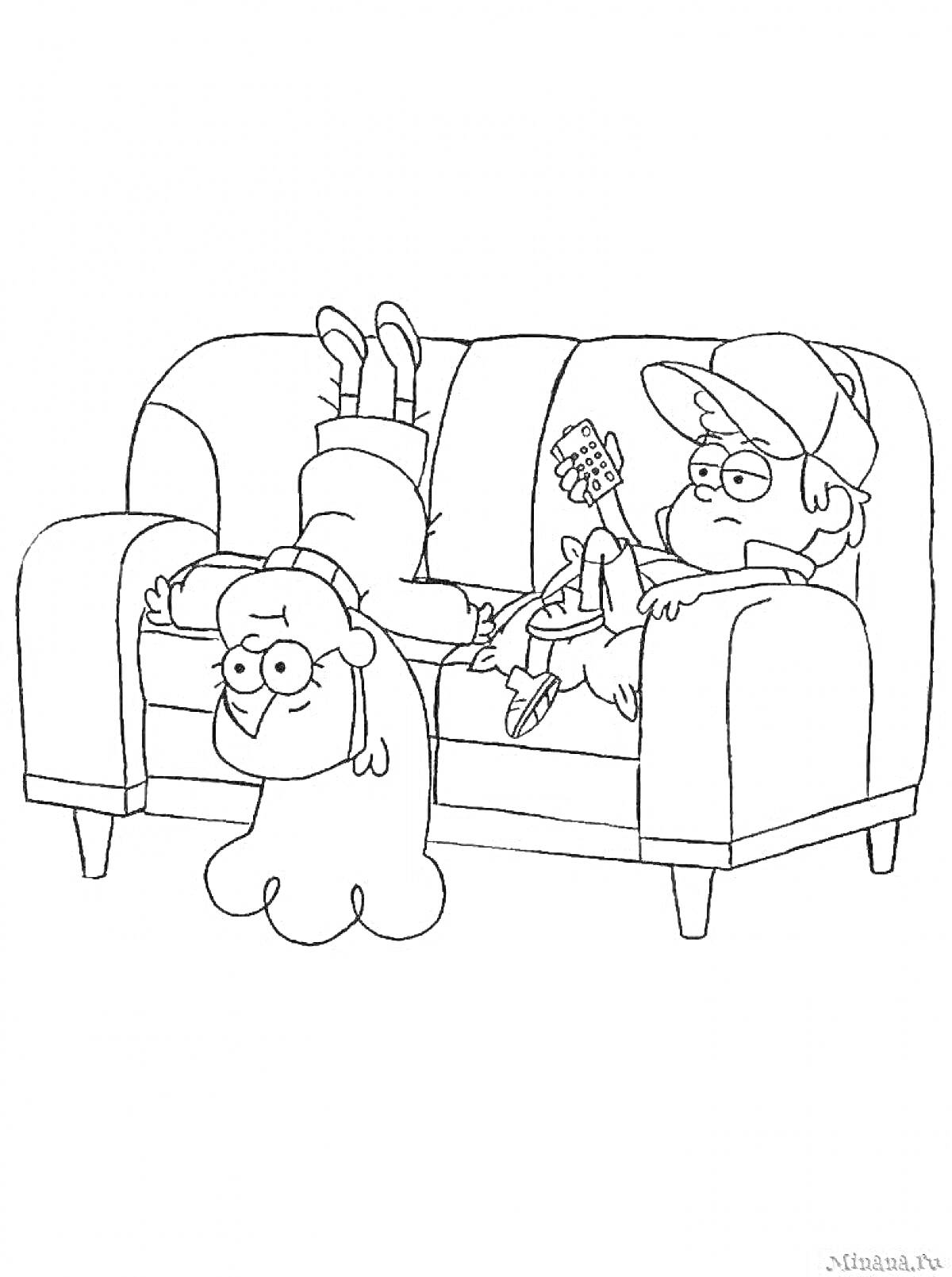 Раскраска Дети на диване, один держит гитару