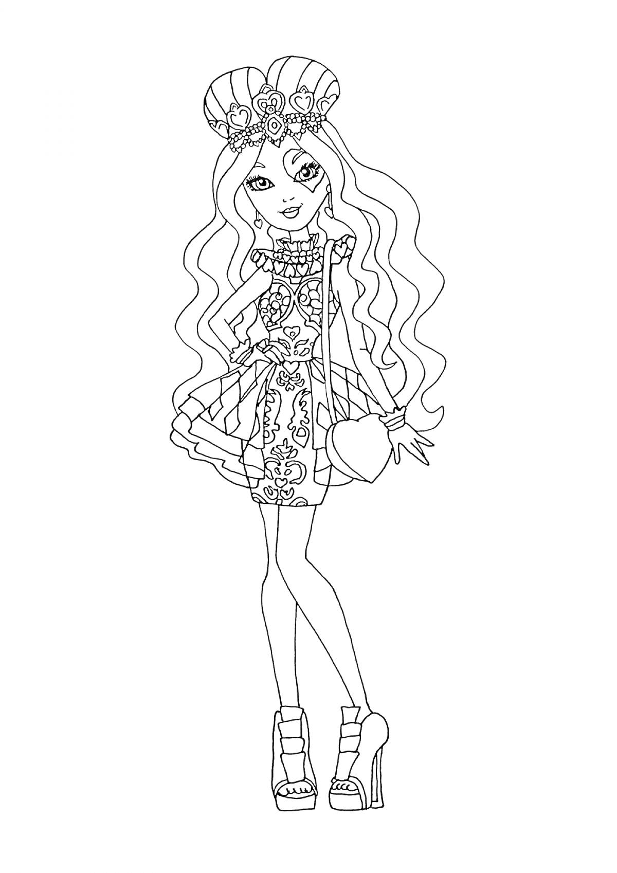 Раскраска Девушка из Эвер Афтер Хай в короне, с длинными волнистыми волосами, в платье с цветочным узором, на высоких каблуках, с маленькой сумочкой-сердцем.