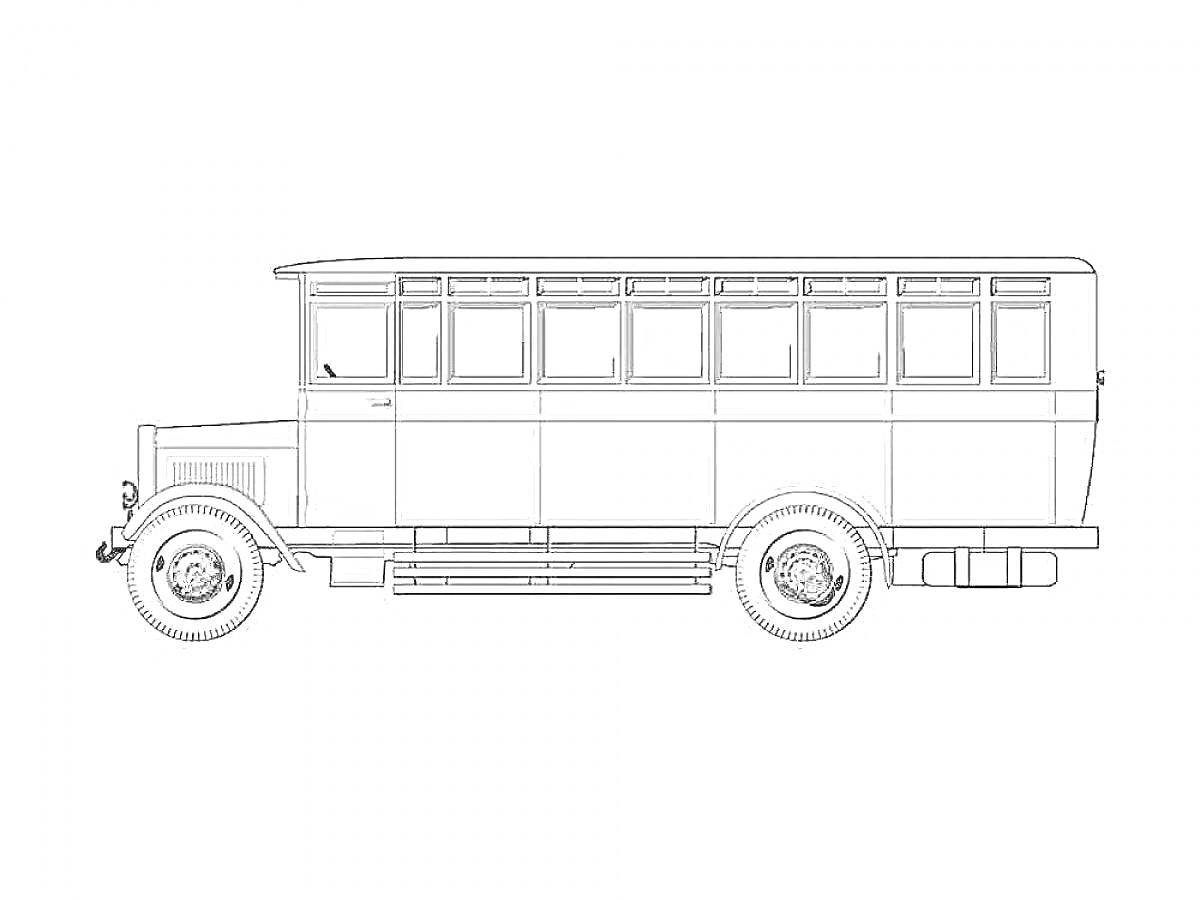 На раскраске изображено: Автобус, ПАЗ, Транспорт, Колёса, Окна