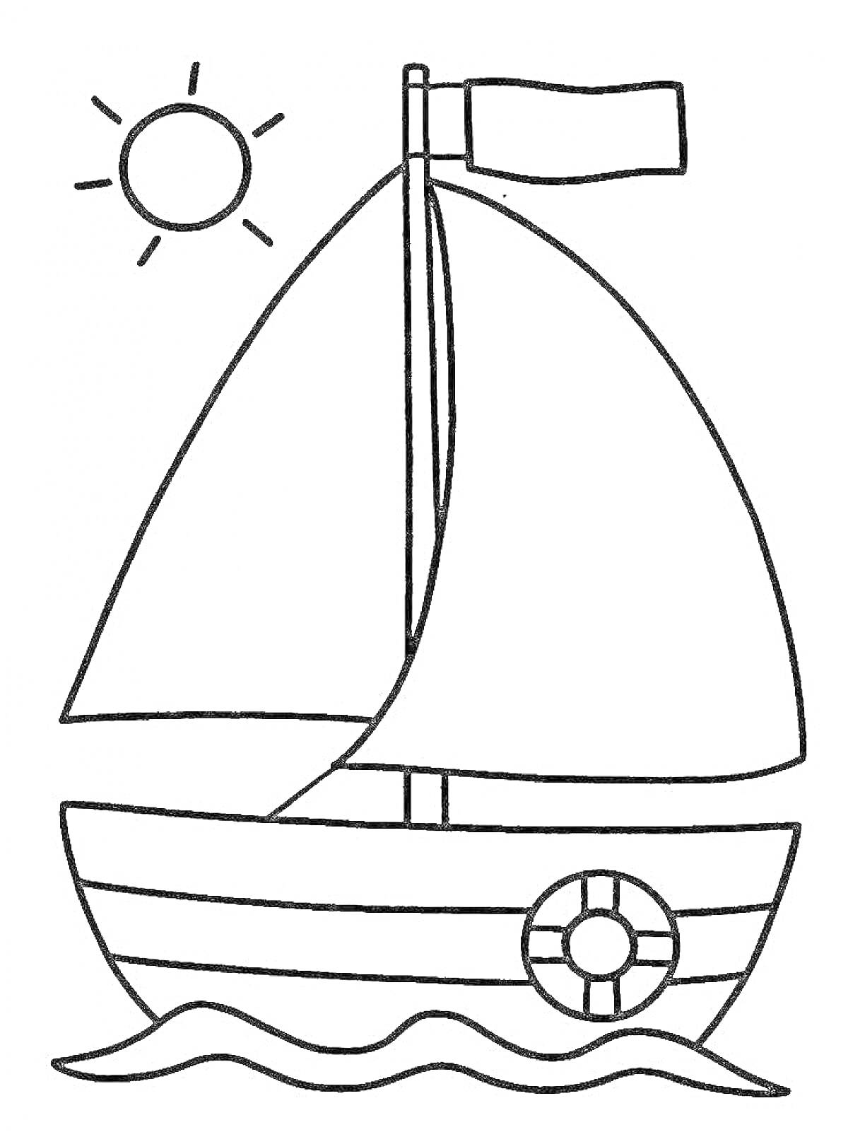 На раскраске изображено: Флаг, Солнце, Вода, Волны, Спасательный круг, Паруса, Корабль