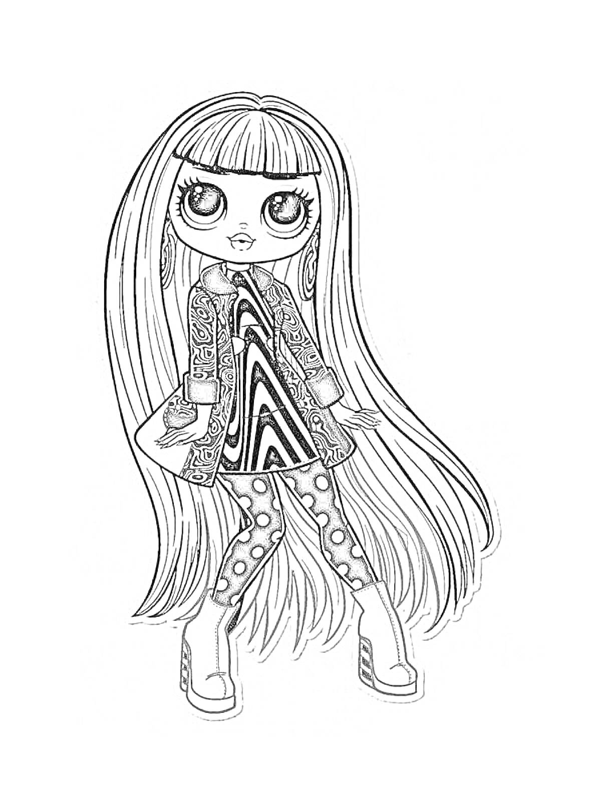 Раскраска Девочка ЛОЛ OMG c длинными волосами, в куртке и платье с абстрактным узором, леггинсами в горошек и ботинками на платформе