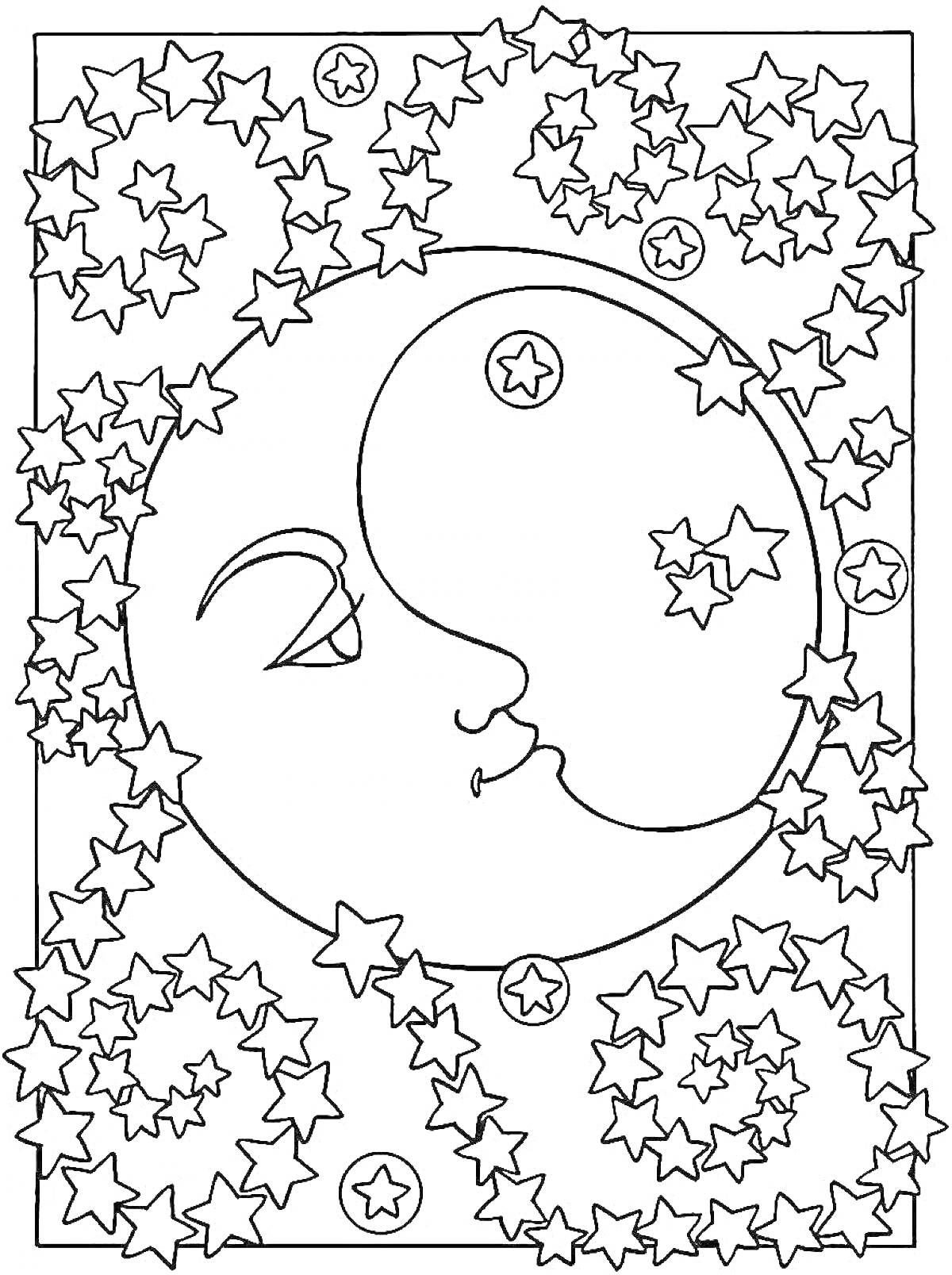 Раскраска Луна и солнце с лицами, окружённые звёздами и узорами из звёзд