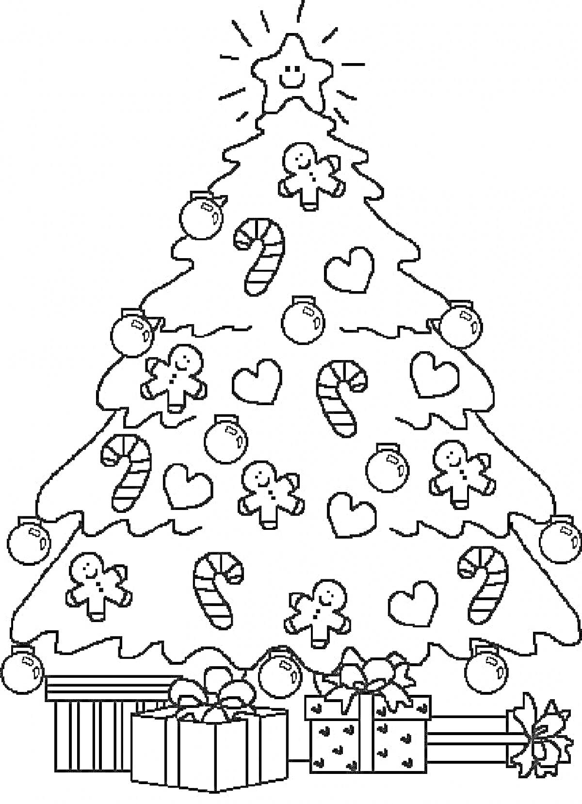 На раскраске изображено: Новогодняя елка, Игрушки, Пряничные человечки, Подарки, Леденцы