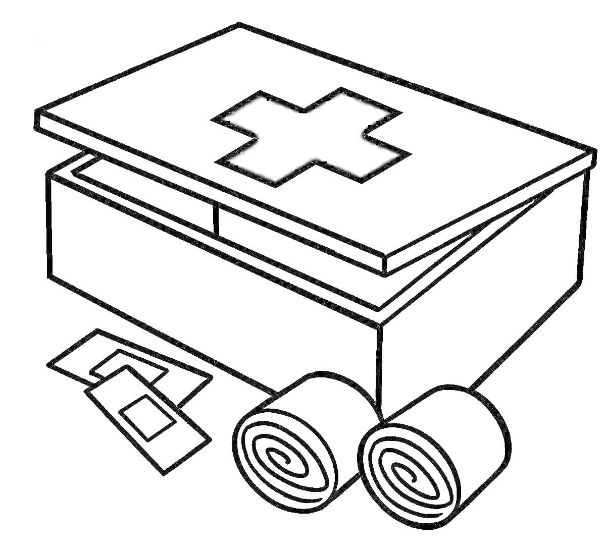 Раскраска Аптечка с бинтами и пластырями