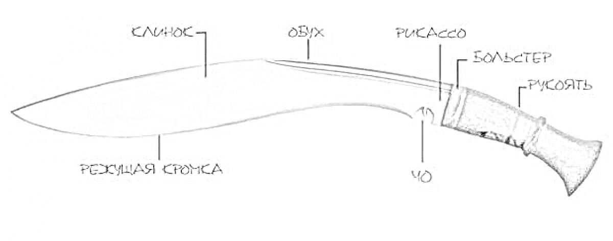 Раскраска Кукри нож с элементами: клин, обух, рикассо, болстер, рукоять, чо, режущая кромка