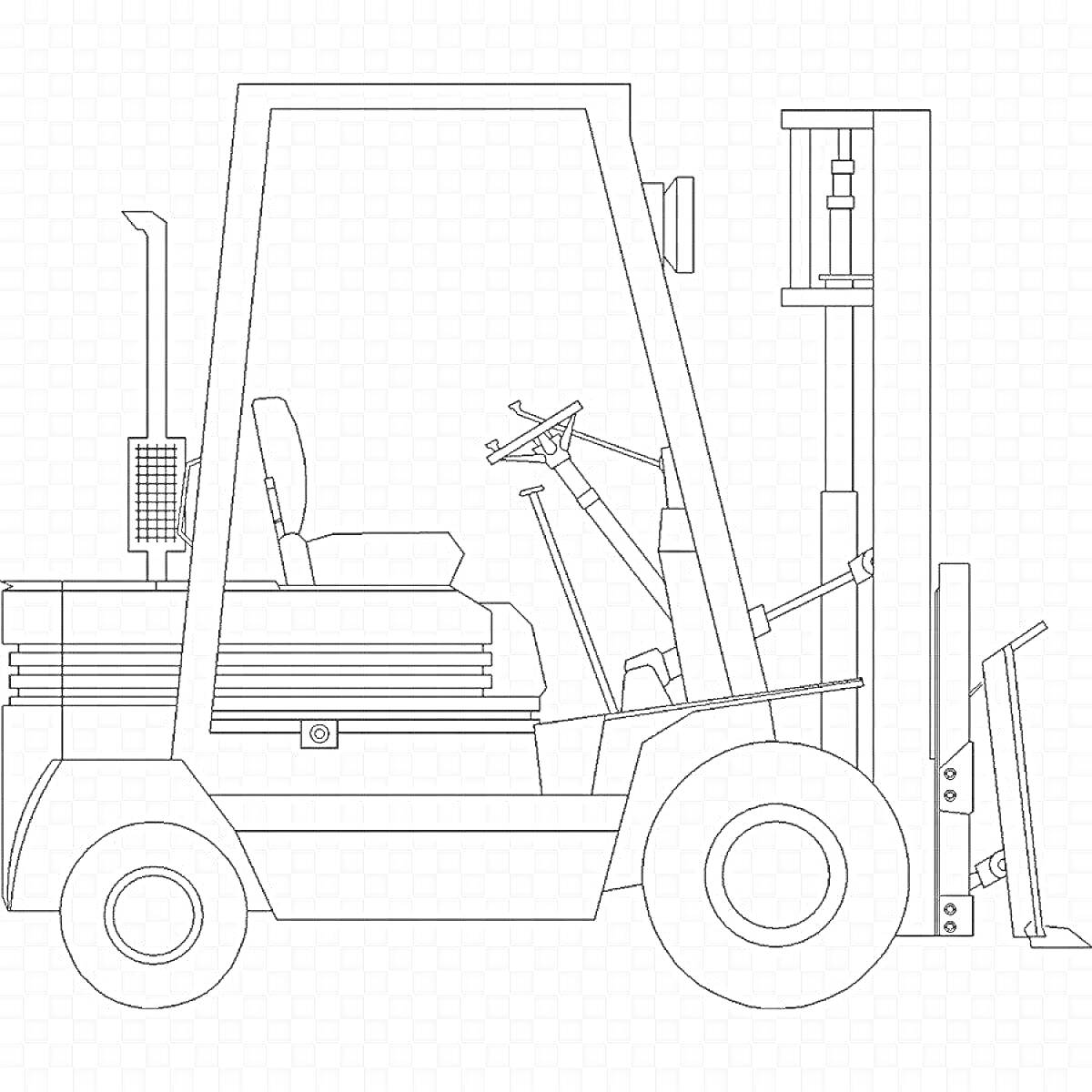 Раскраска Погрузчик с кабиной, сиденьем, рулем, подъемными вилами и колесами