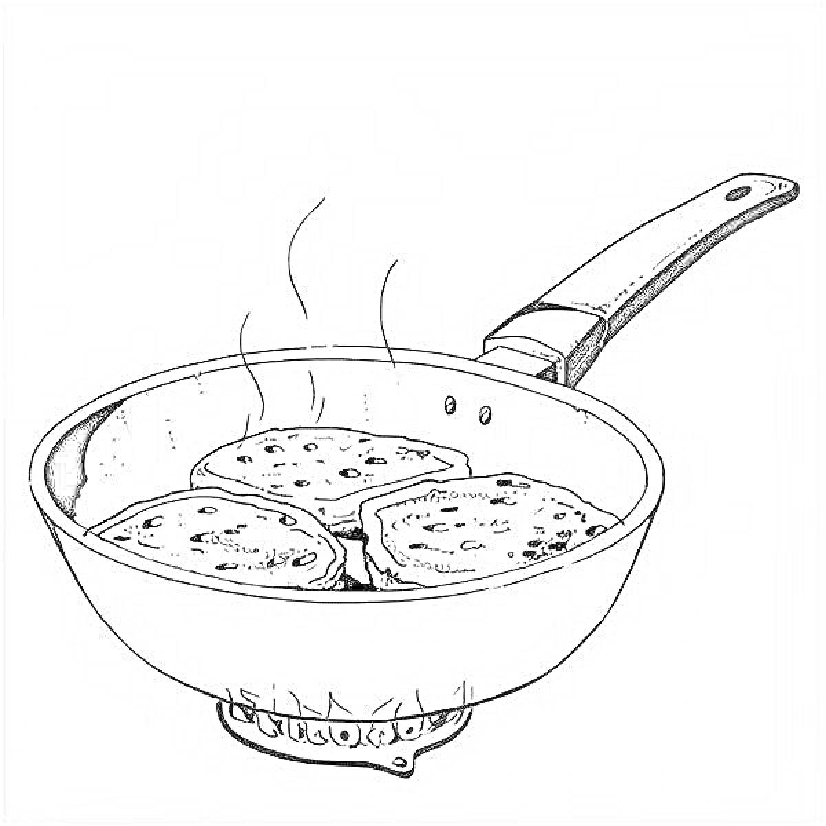 Раскраска Сырники на сковороде с поднятым паром на конфорке