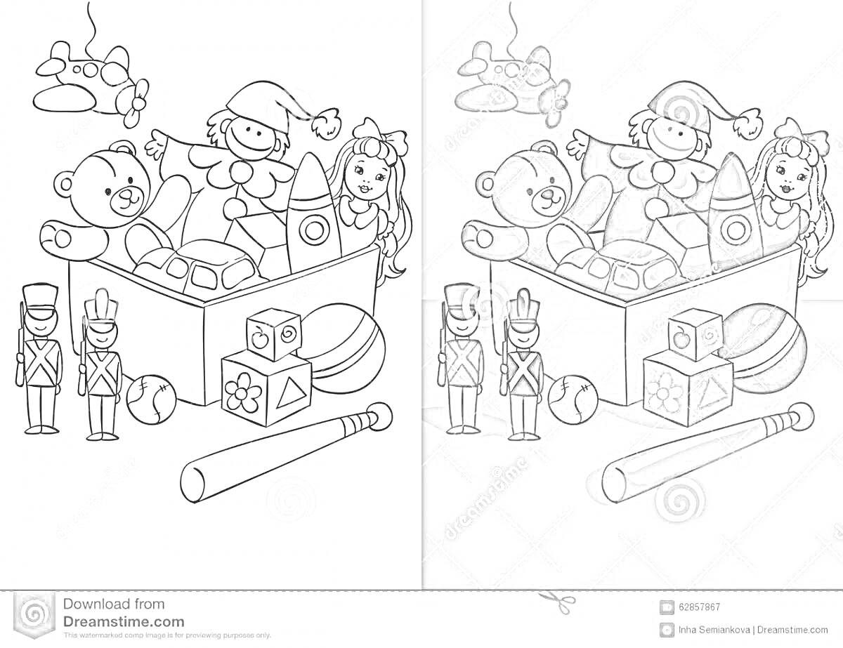 Раскраска Ящик с игрушками, солдатиками, воздушным шариком, куклой, плюшевым медведем, пирамидкой, вертолетом и битами