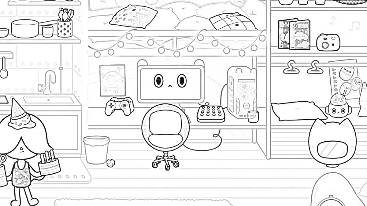 РаскраскаСпальня с двухъярусной кроватью, компьютерным столом и персонажами Тока Бока