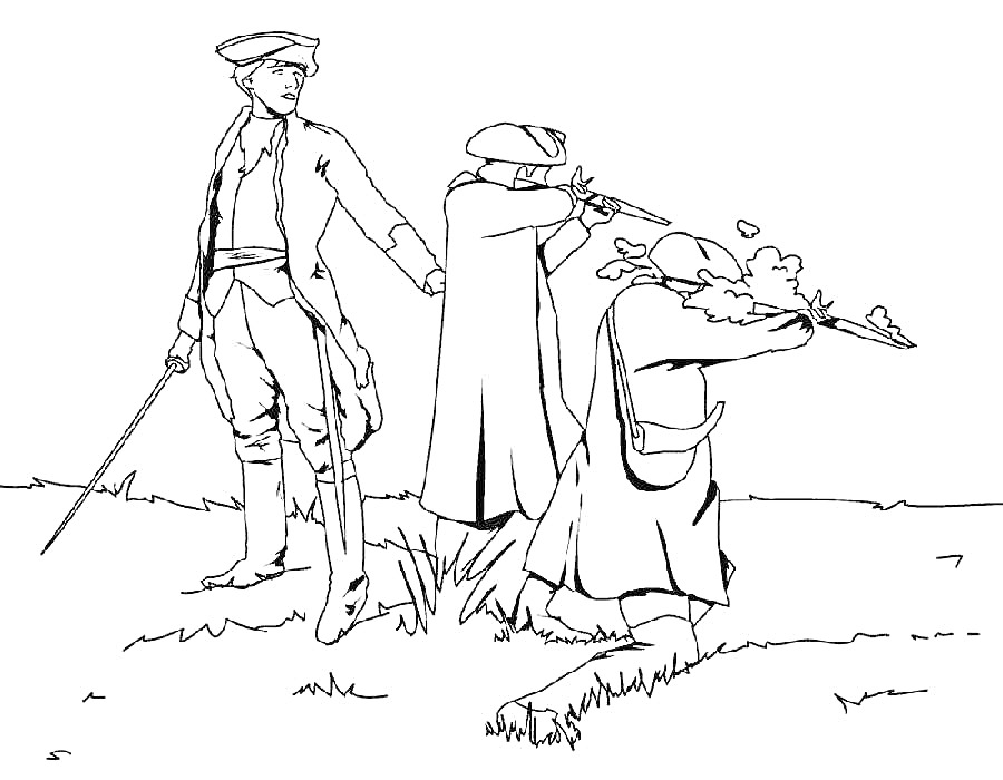 Раскраска Три солдата в исторической униформе, стоящие и стреляющие из оружия на поле