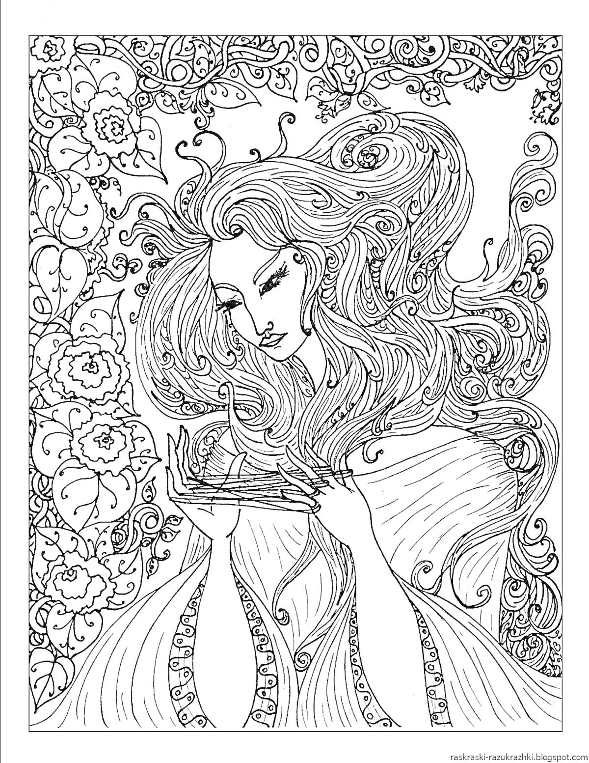 Раскраска Девушка с длинными волнистыми волосами, держащая зеркало, цветы и узоры вокруг